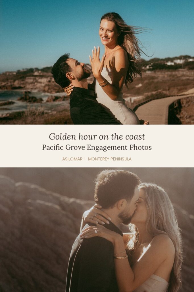 Pinterest pin: Golden hour Pacific Grove engagement photos at Asilomar on the Monterey Peninsula